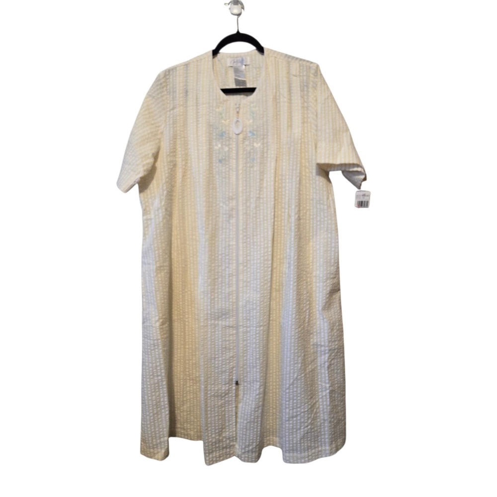 Colette Pinstripe Seersucker Zip Housecoat Robe Women LG Yellow TradWife Modest